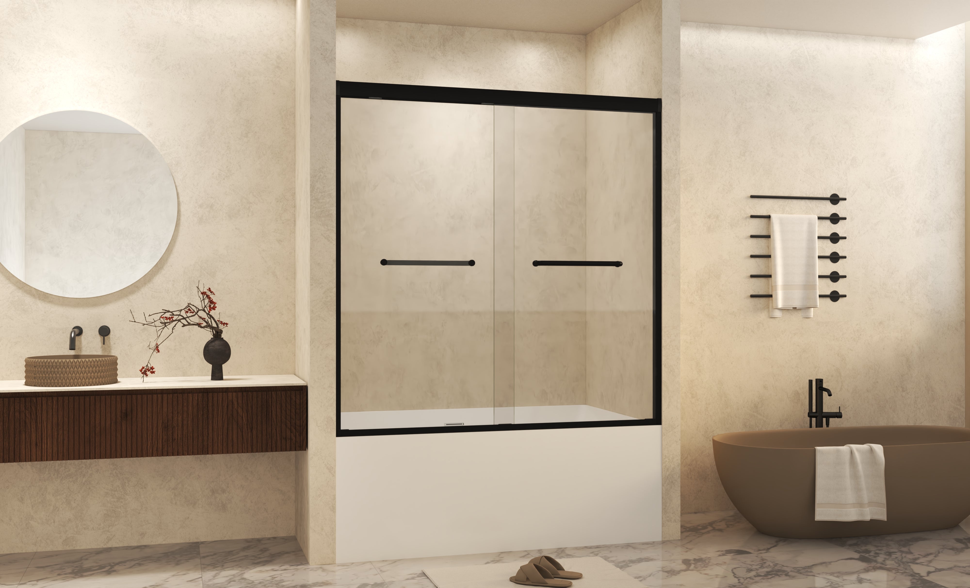 56-60" W × 60" H Tempered Glass with Explosion Proof Film, Aluminum Frame Double Sliding Shower Door, "1/4 (6 mm), Stainless Steel handle