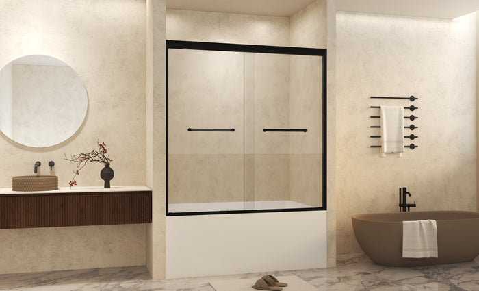 56-60" W × 60" H Tempered Glass with Explosion Proof Film, Aluminum Frame Double Sliding Shower Door, "1/4 (6 mm), Stainless Steel handle