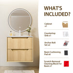 24-Inch Floating Bathroom Vanity with Sink, Pre-assembled, Natural Oak Grid Texture Front, Multi-Layer Solid Wood, Wall-Mounted, White Stone Top, 2 Soft-Close Drawers