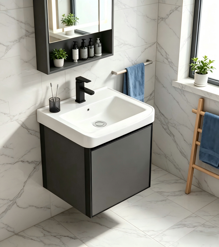 17-inch Wall-Mounted Compact Bathroom Vanity with Integrated Ceramic Sink—A Modern, Floating Single-Door Vanity Ideal for Small Bathrooms and Apartments