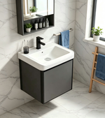 17-inch Wall-Mounted Compact Bathroom Vanity with Integrated Ceramic Sink—A Modern, Floating Single-Door Vanity Ideal for Small Bathrooms and Apartments