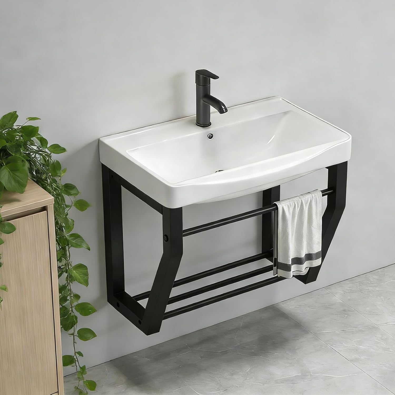 20 INS Compact Wall-Mounted Vanity Cabinet Black Wrought Iron Frame Bathroom Cabinet Ceramic Basin Bathroom Sink Unit Vanity para baño