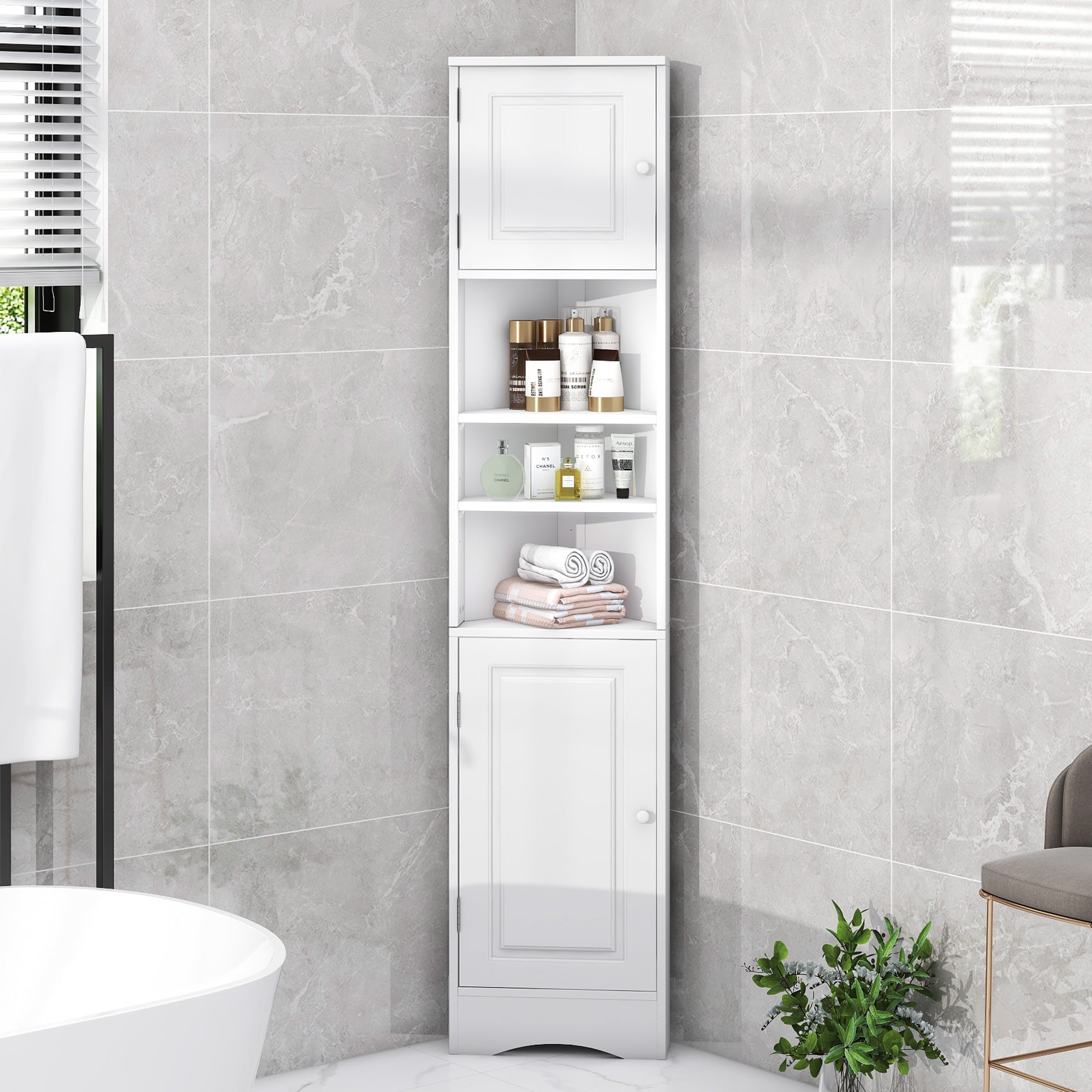 Multi-Functional Corner Cabinet Tall Bathroom Storage Cabinet with Two Doors and Adjustable Shelves, Open Shelf