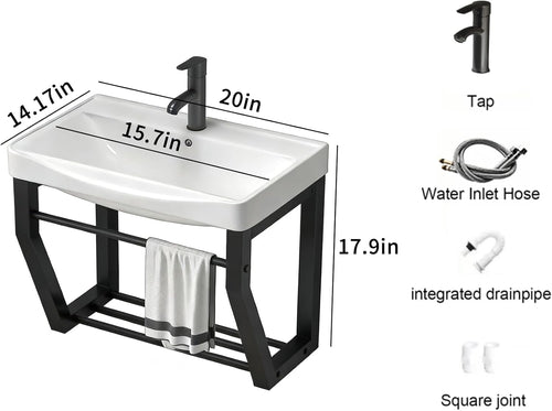 20 INS Compact Wall-Mounted Vanity Cabinet Black Wrought Iron Frame Bathroom Cabinet Ceramic Basin Bathroom Sink Unit Vanity para baño