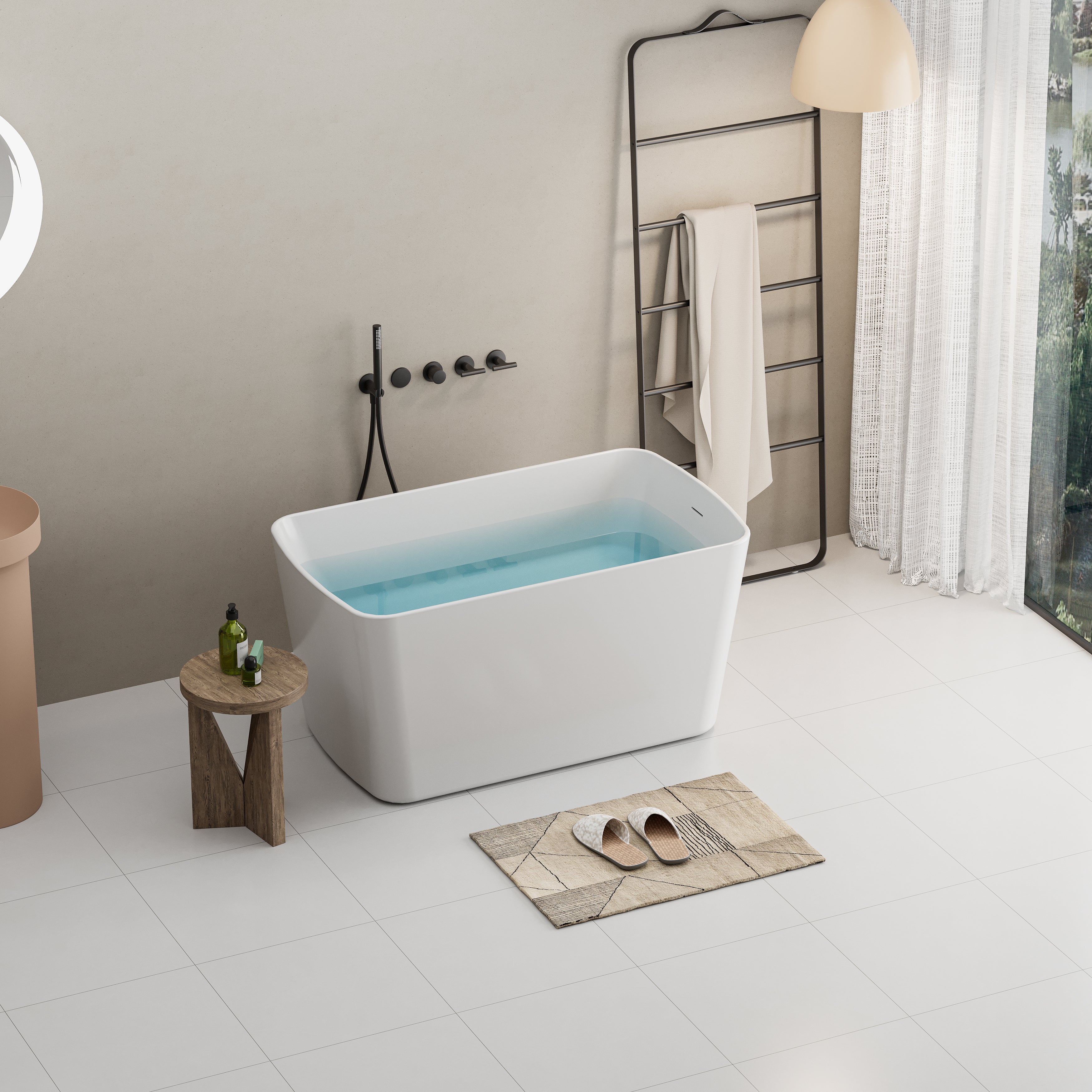 49'' Acrylic Freestanding Soaking Bathtub, Square-shape Japanese Soaking Hot Tub, Chrome Overflow and Quick Drain, Glossy White