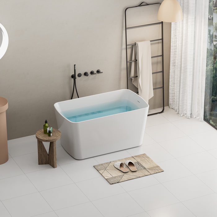 49'' Acrylic Freestanding Soaking Bathtub, Square-shape Japanese Soaking Hot Tub, Chrome Overflow and Quick Drain, Glossy White