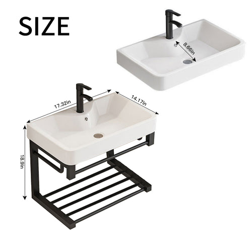 17in black floating wall-mounted bathroom sink with ceramic basin and open shelf, compact design specifically designed for small spaces