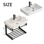 17in black floating wall-mounted bathroom sink with ceramic basin and open shelf, compact design specifically designed for small spaces