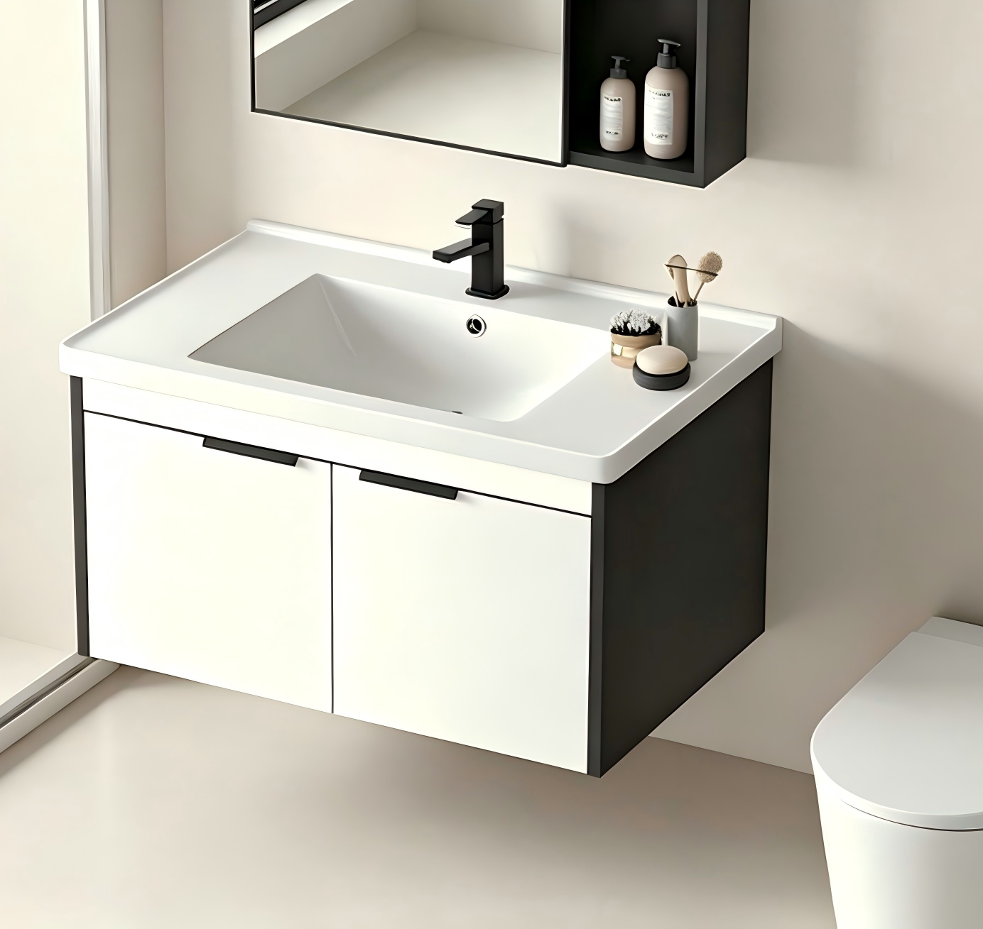 20-inch Wall-Mounted Compact Bathroom Vanity with Integrated Ceramic Sink—A Modern, Floating Single-Door Vanity Ideal for Small Bathrooms and Apartments