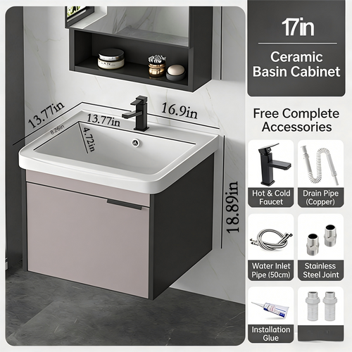 17-inch Wall-Mounted Compact Bathroom Vanity with Integrated Ceramic Sink—A Modern, Floating Single-Door Vanity Ideal for Small Bathrooms and Apartments