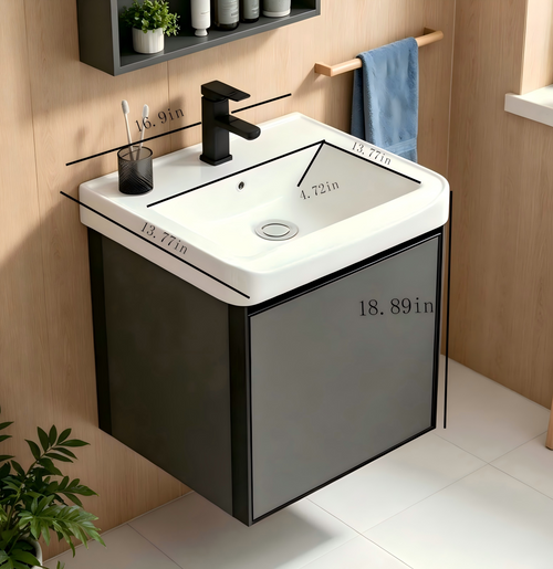 17-inch Wall-Mounted Compact Bathroom Vanity with Integrated Ceramic Sink—A Modern, Floating Single-Door Vanity Ideal for Small Bathrooms and Apartments