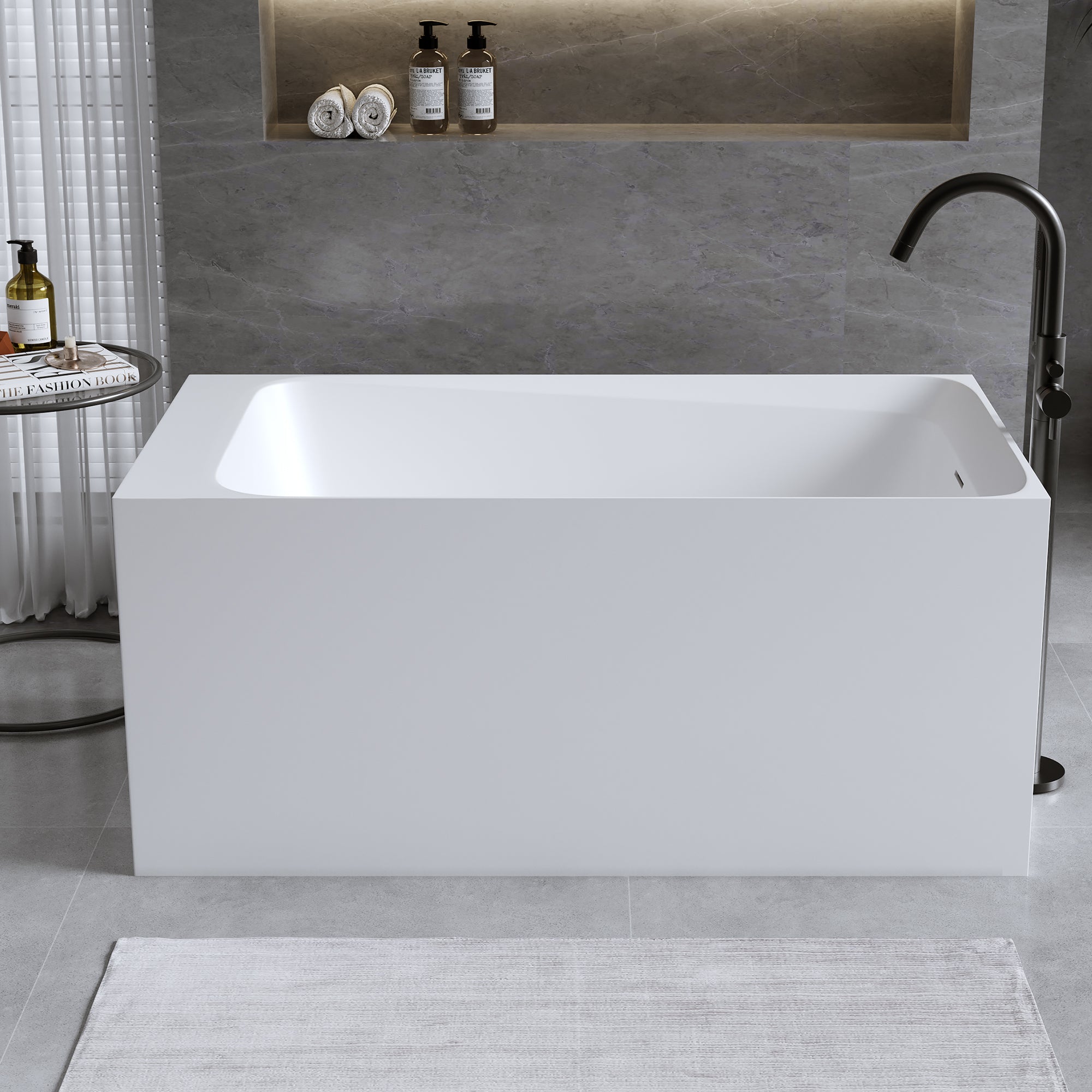 51'' Solid Surface Matte Tub, Freestanding Solid Surface Resin Stone Bathtub, Solid Surface Matte White Soaking Tub,Free Standing Tub with Overflow and Pop-up Drain, Matte White
