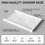60x36 Inch White Acrylic Shower Base, Center Drain, Non-Slip Surface