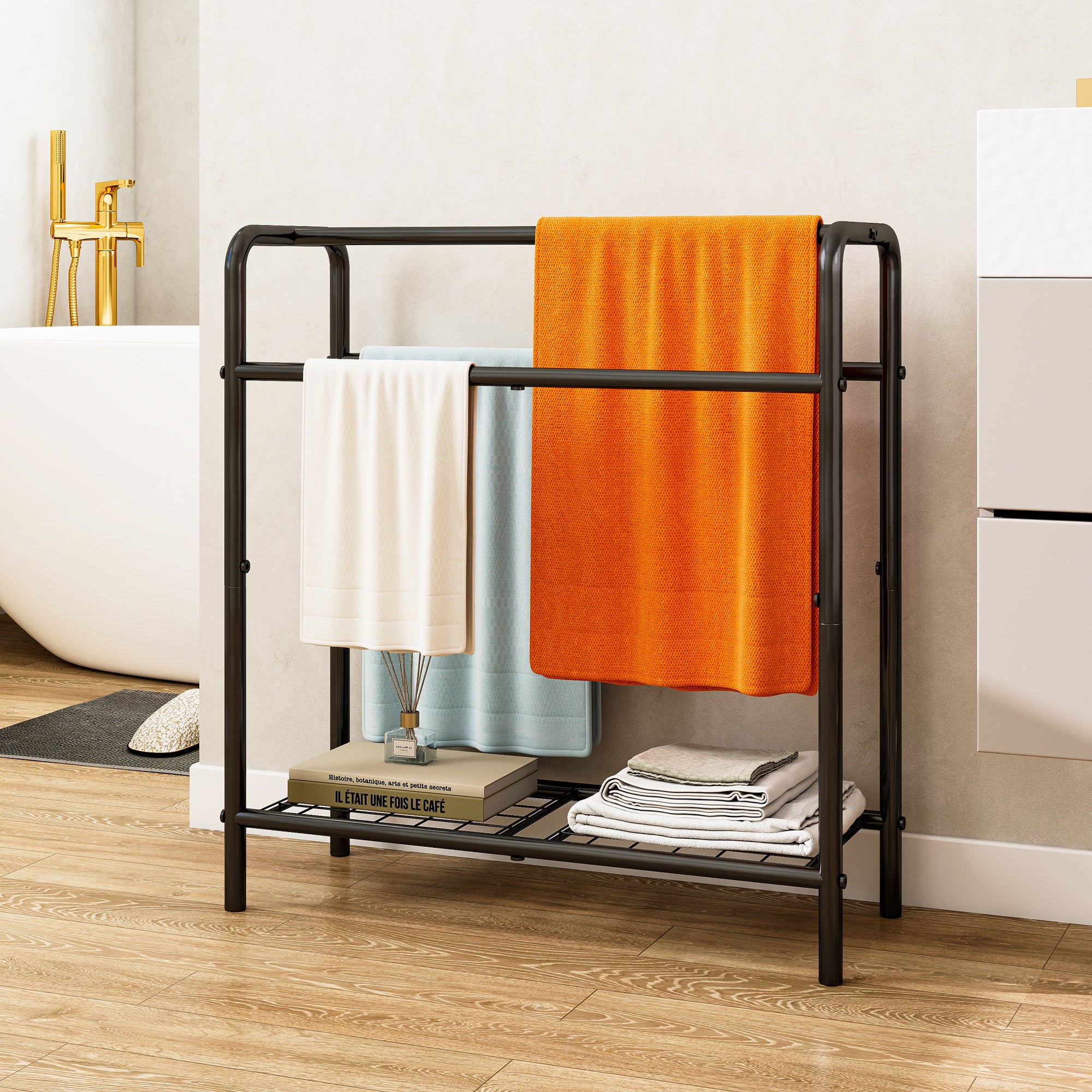 3 Tier Metal Towel Rack, Freestanding Towel Holder for Bathroom, Save Space with Storage, Display Rack for Bedroom, Bathroom, Swimming Pool
