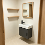 15 Inch Wall Mounted Bathroom Vanity Set with Integrated Ceramic Sink & Medicine Cabinet Mirror, Solid Wood Frame Floating Bathroom Washstand with Single Door Storage, Compact Vanity for Small Bathrooms