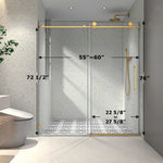Brushed Gold frameless one fixed and one shifted Shower Door,70MM 304 stainless steel large pulleys with adjustable soft closing function,with nano easy cleaning,stick explosion-proof menbrance