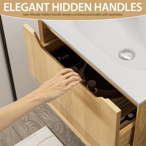 24-Inch Floating Bathroom Vanity with Sink, Pre-assembled, Natural Oak Grid Texture Front, Multi-Layer Solid Wood, Wall-Mounted, White Stone Top, 2 Soft-Close Drawers