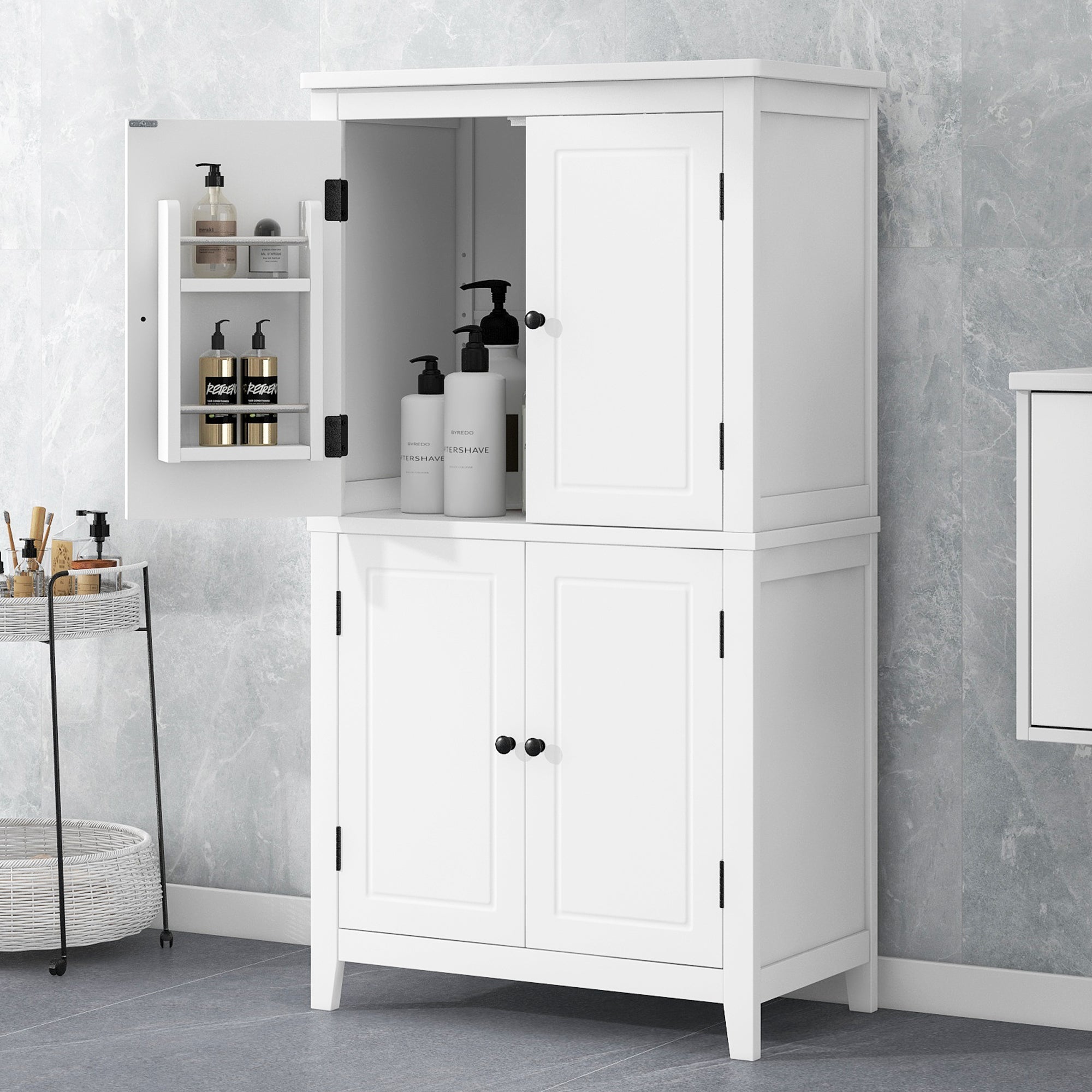 Elegant Bathroom Floor Storage Cabinet, Bathroom Storage Unit, Freestanding Cabinet with 4 Doors, Adjustable Shelves, Adaptable Shelves
