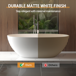 65" Freestanding Solid Surface Bathtub, Luxury Handcrafted Stone Resin Freestanding Soaking Bathtub with Overflow and Pop-up Drain, Matte White