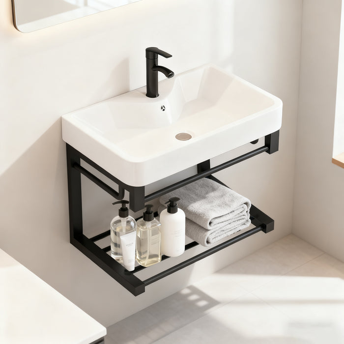 17in black floating wall-mounted bathroom sink with ceramic basin and open shelf, compact design specifically designed for small spaces