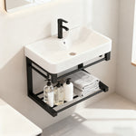 17in black floating wall-mounted bathroom sink with ceramic basin and open shelf, compact design specifically designed for small spaces