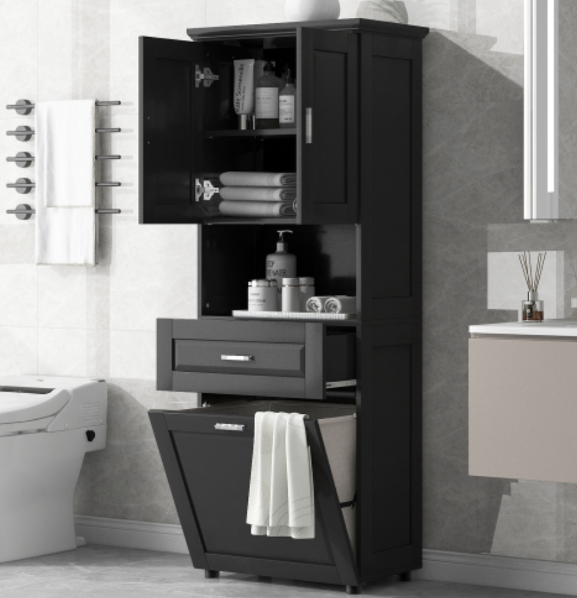 Tall Bathroom Cabinet with Laundry Basket, Large Storage Space Tilt-Out Laundry Hamper and Upper Storage Cabinet