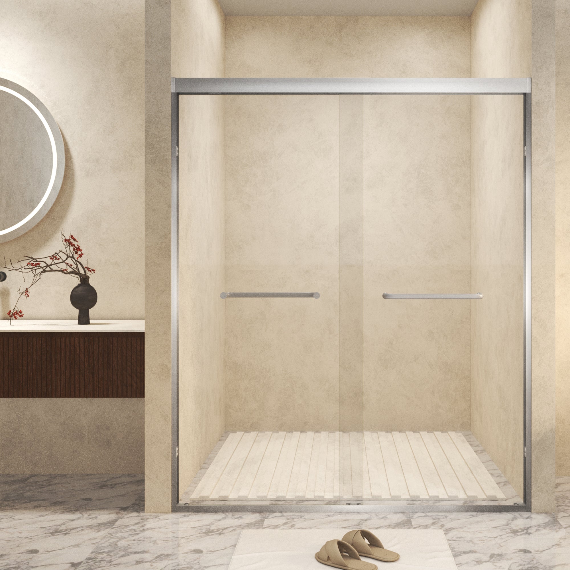 44-48" x 72" Tempered Glass with Explosion Proof Film, Aluminum Frame Double Sliding Shower Door, "1/4 (6 mm), Stainless Steel handle,Brushed Nickel