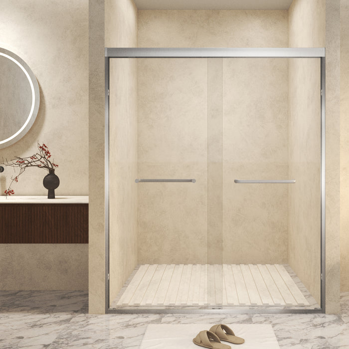 44-48" x 72" Tempered Glass with Explosion Proof Film, Aluminum Frame Double Sliding Shower Door, "1/4 (6 mm), Stainless Steel handle,Brushed Nickel