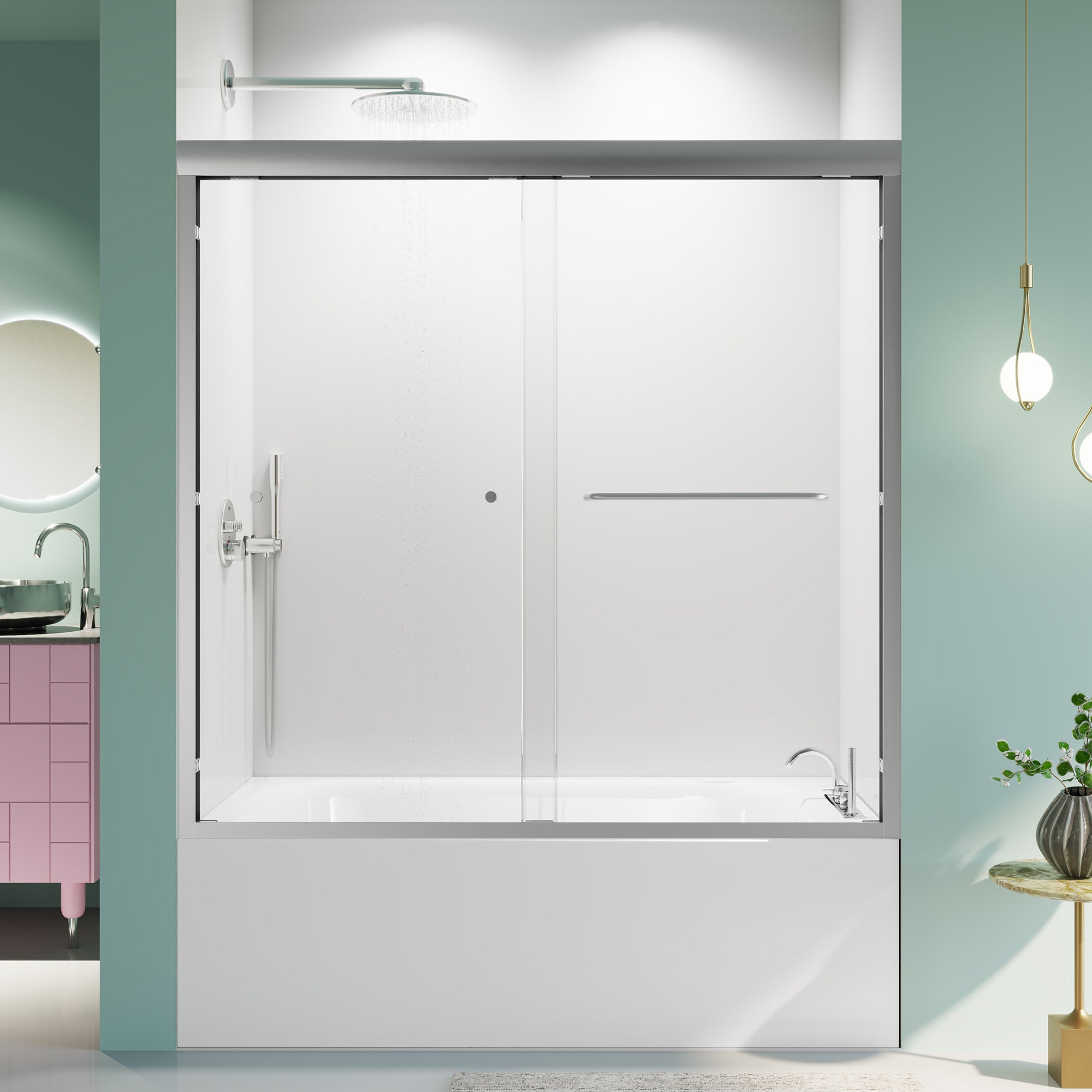 56"-60"W*58" H Semi-Frameless Double Sliding Tub Door, Bypass Bathtub Shower, 1/4" (6mm) Thick SGCC Tempered Glass Door