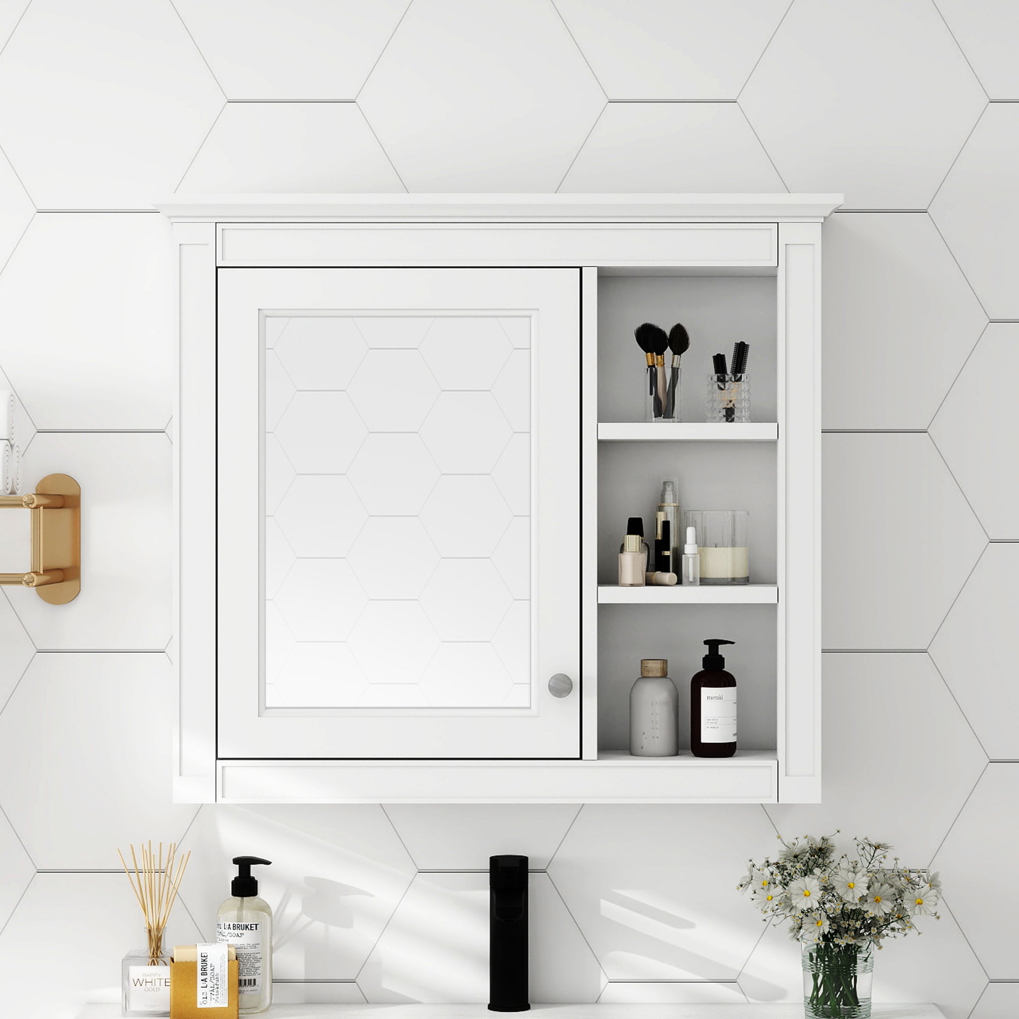 30'' x 28'' Medicine Cabinet, Wall Mounted Bathroom Storage Cabinet, Modern Bathroom Wall Cabinet with Mirror,Medicine Cabinet, Mirror Cabinet with 3 Open Shelves (Not Include Bathroom Vanity )