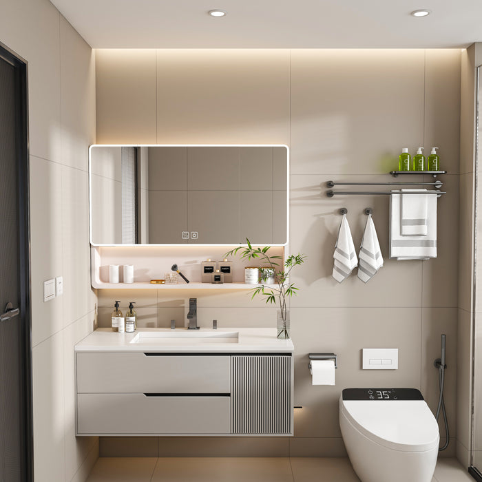 Aluminium Medicine Cabinet Mirror, 35 x 28 Inches Medicine Cabinet with 3 Colors LED Light and Defogging Function, Bathroom Mirror Cabinet with Cosmetic Storage Rack and Hair Dryer Holder