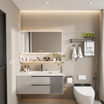 Aluminium Medicine Cabinet Mirror, 35 x 28 Inches Medicine Cabinet with 3 Colors LED Light and Defogging Function, Bathroom Mirror Cabinet with Cosmetic Storage Rack and Hair Dryer Holder