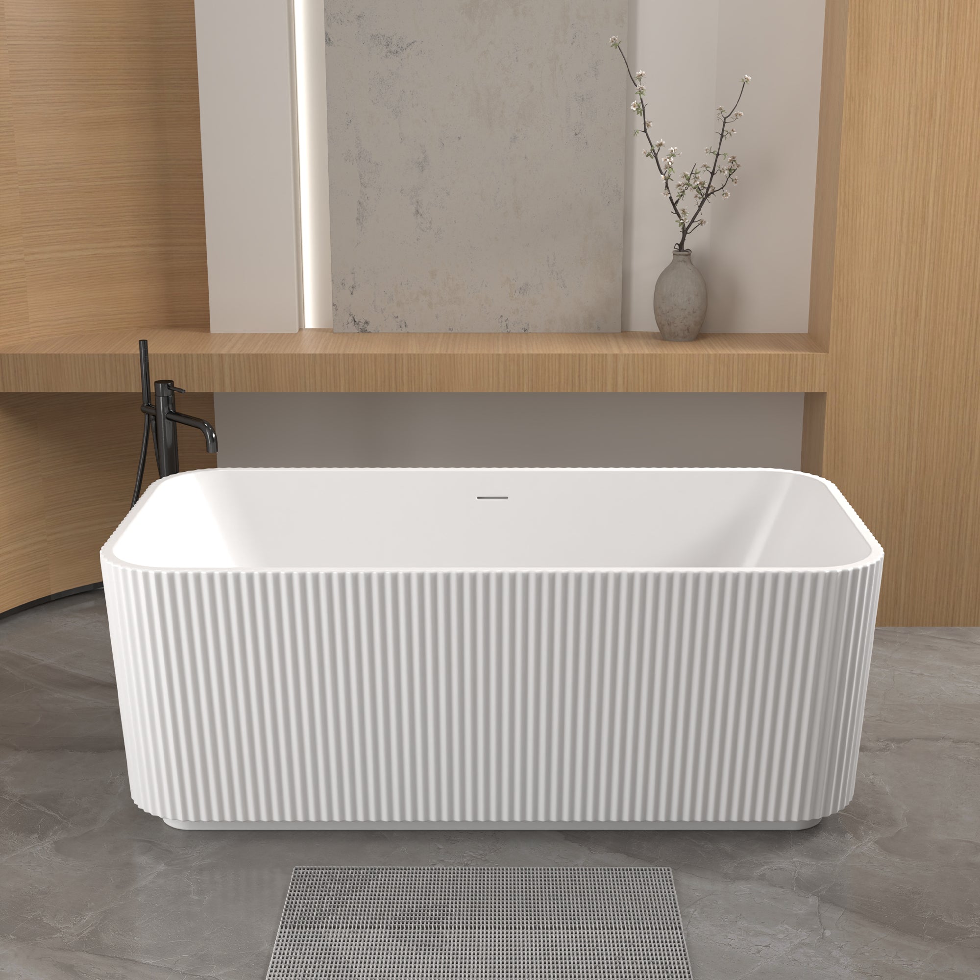 59"Rectangle Linear Acrylic Freestanding Bathtub Stand Alone Soaker Tub, Glossy White Acrylic, POP-UP Chrome Drain, cUPC Certified