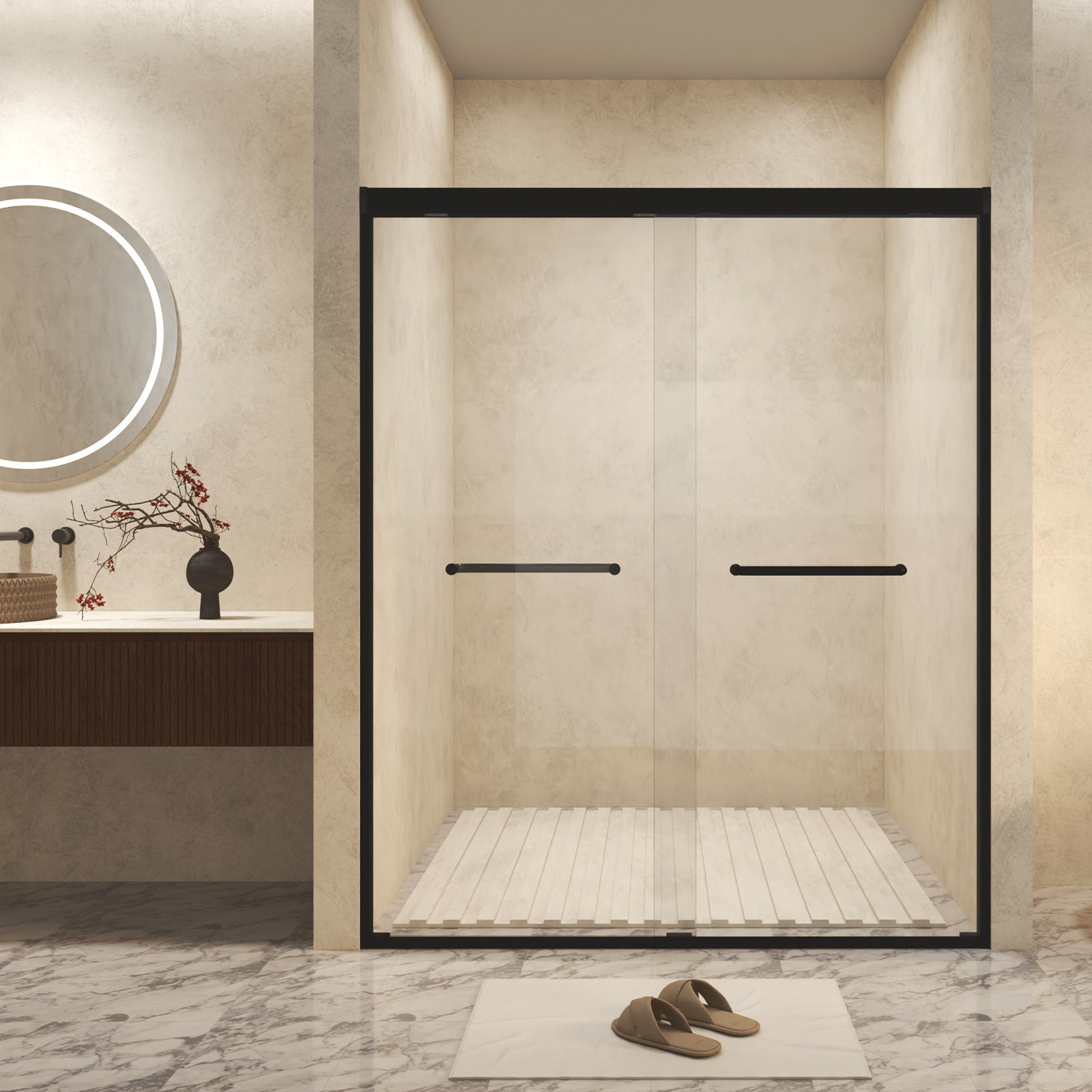 56-60 " x 72" Tempered Glass with Explosion Proof Film, Aluminum Frame Double Sliding Shower Door, "1/4 (6 mm), Stainless Steel handle, Matte Black