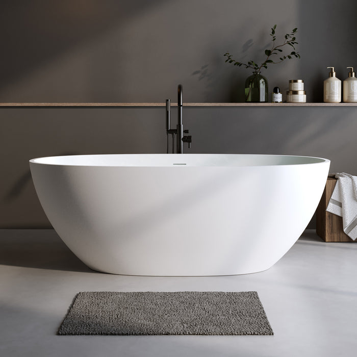 59'' Solid Surface Matte Tub, Solid Surface Soaking Tub, Stone Resin Freestanding Bathtub, Thick Edge Stand Alone Tubs with Overflow, Pop-up Drain, Matte White