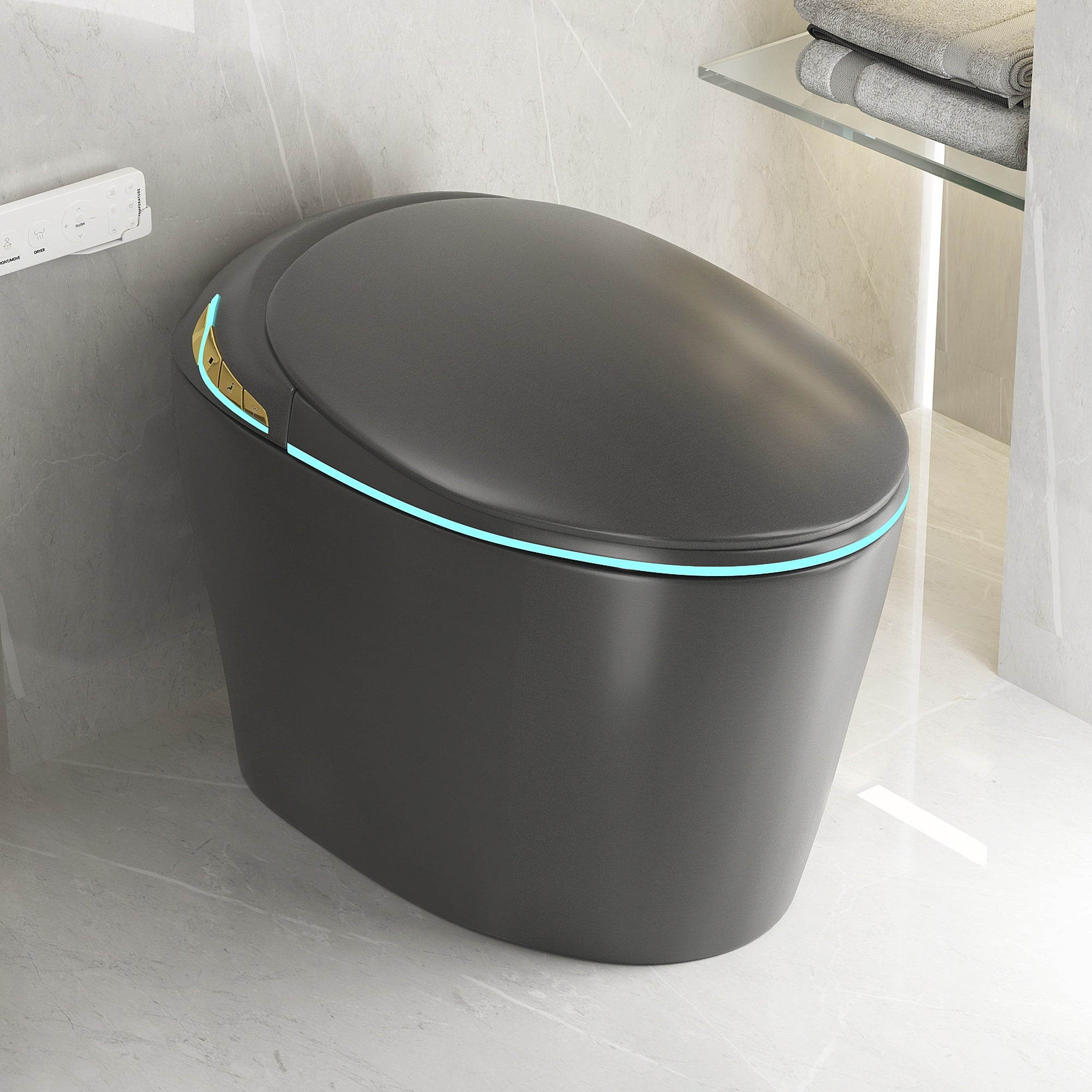 Unique Smart Toile, One Piece Toilet with Bidet Built In,Auto Open/Close Seat, Foot Sensor, LED Display,Night Light, Warm Water & Dryer,Grey