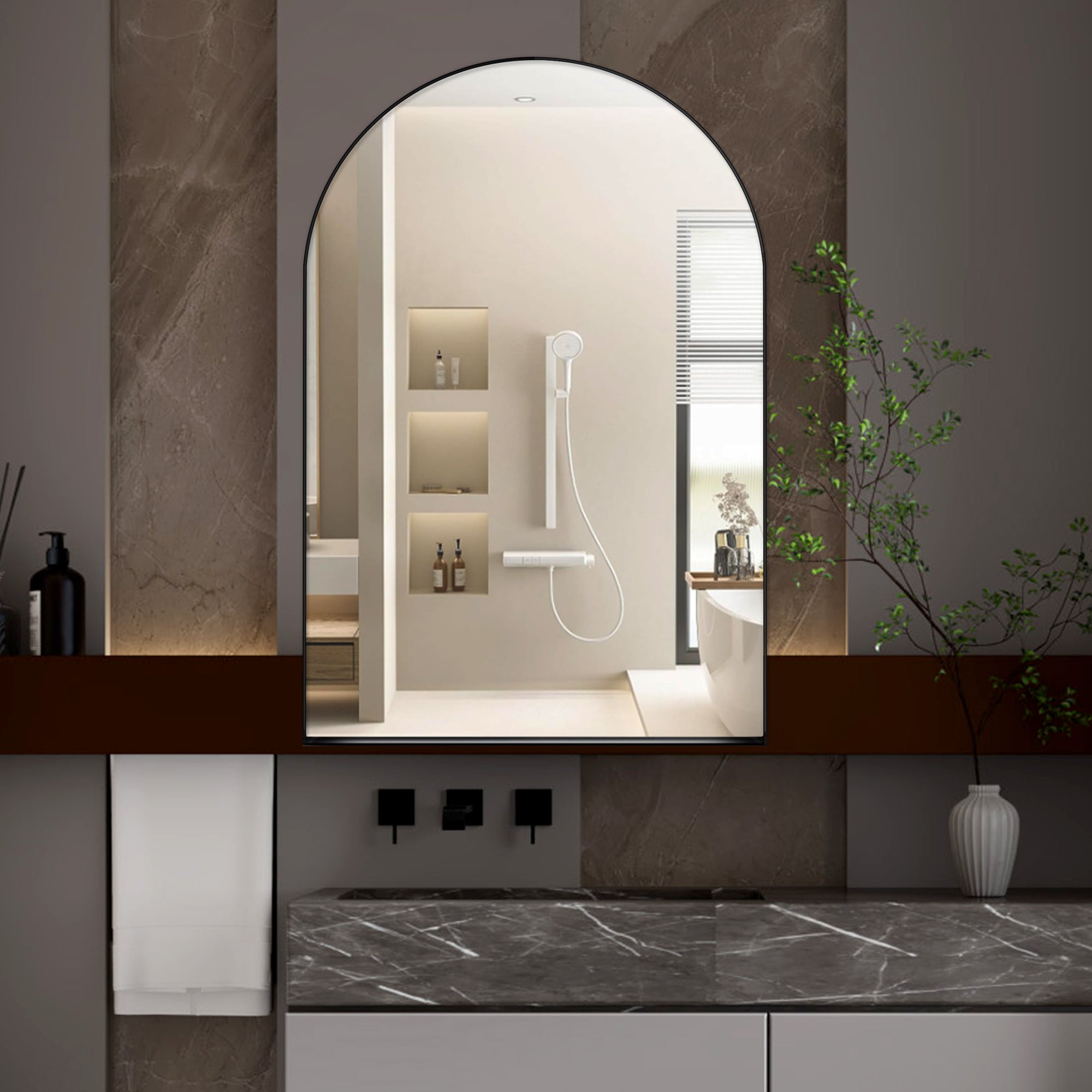 24x36 Inch Arched Recessed Medicine Cabinet, Metal Framed Bathroom Wall Cabinet with Mirror and Adjustable Shelves, Wall Mirror with Storage for Bathroom