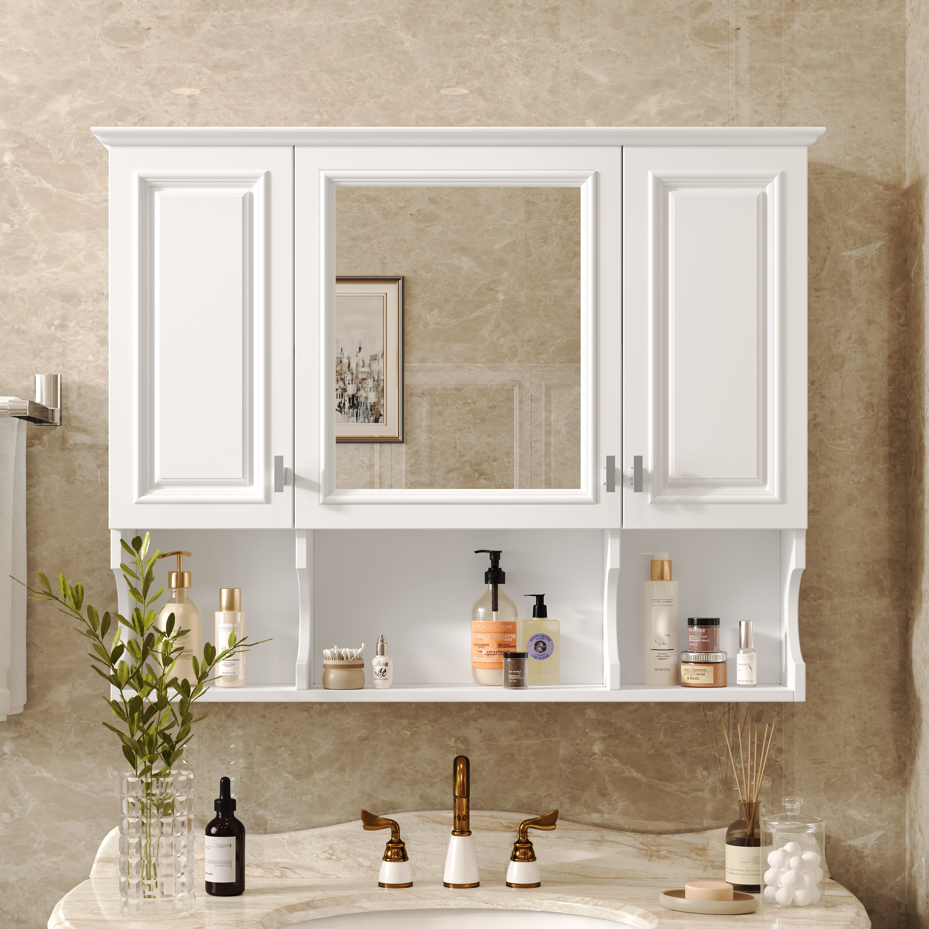 35'' x 28'' Wall Mounted Bathroom Medicine Cabinet, Modern Bathroom Wall Cabinet with Mirror, Mirror Cabinet with Open Shelves