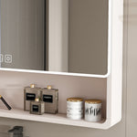 Aluminium Medicine Cabinet Mirror, 35 x 28 Inches Medicine Cabinet with 3 Colors LED Light and Defogging Function, Bathroom Mirror Cabinet with Cosmetic Storage Rack and Hair Dryer Holder