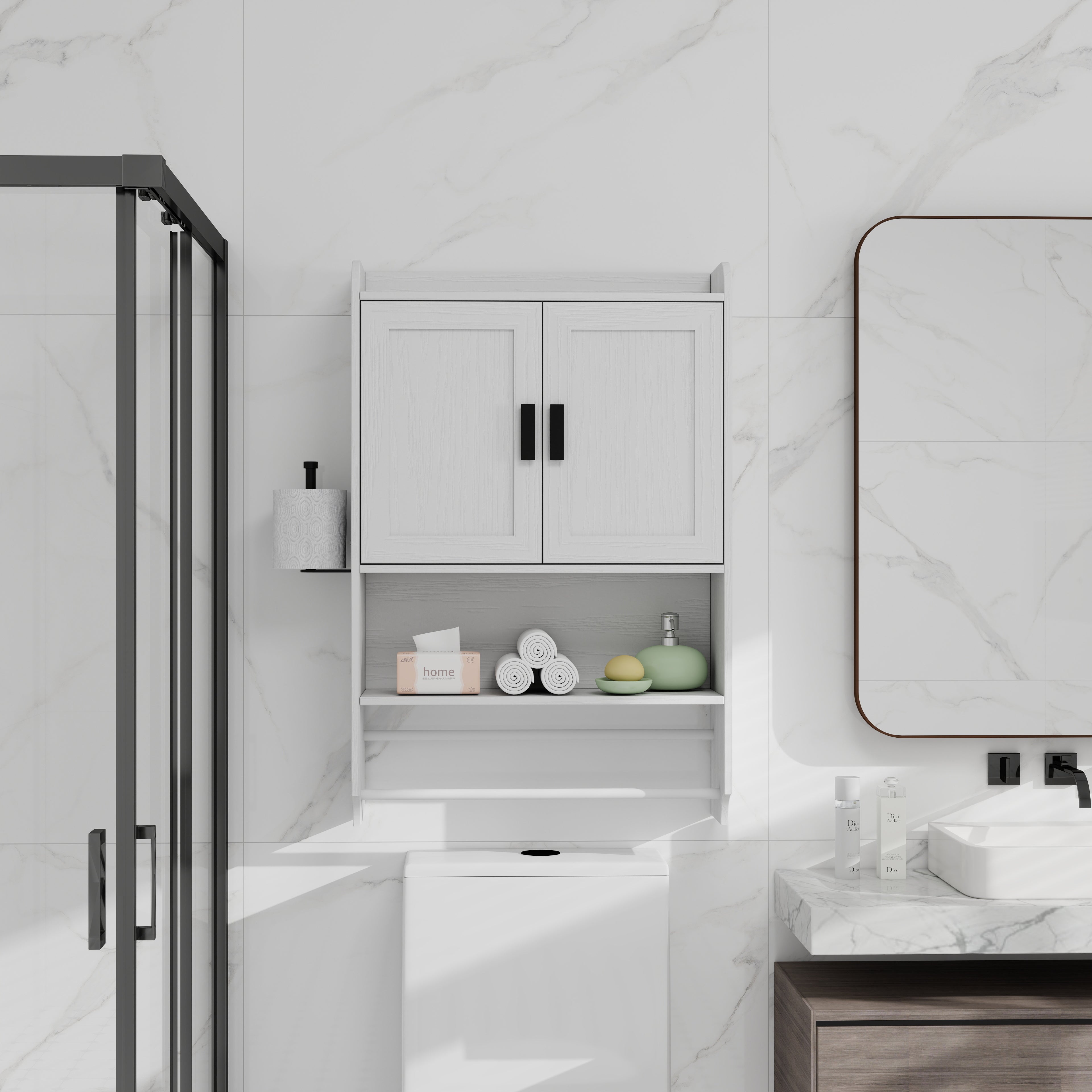 Bathroom Wall Cabinet with Doors,Adjustable Shelf,Towel Bar and Paper Holder, Over The Toilet Storage Cabinet, Medicine Cabinet for Bathroom