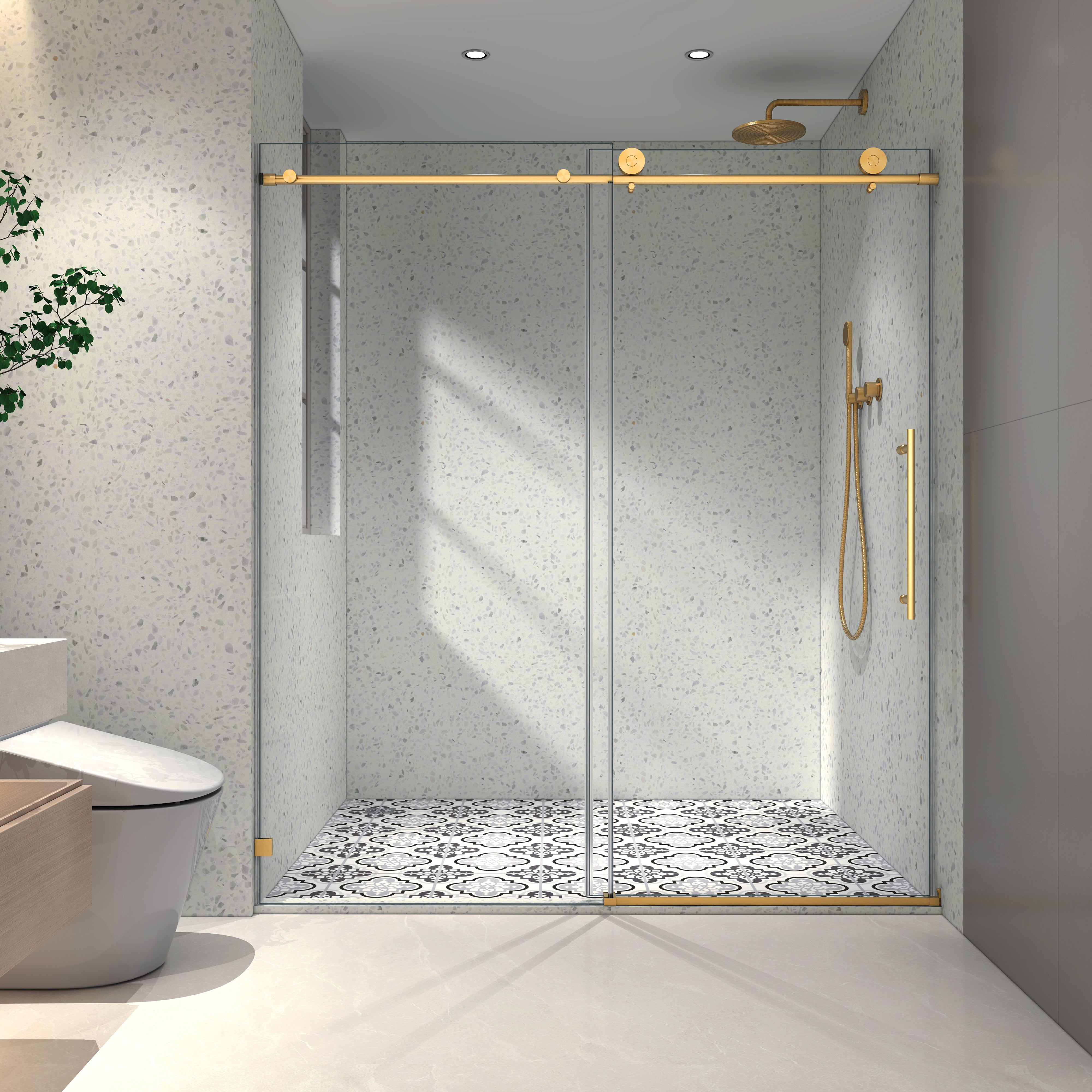 Brushed Gold frameless one fixed and one shifted Shower Door,70MM 304 stainless steel large pulleys with adjustable soft closing function,with nano easy cleaning,stick explosion-proof menbrance
