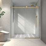 Brushed Gold frameless one fixed and one shifted Shower Door,70MM 304 stainless steel large pulleys with adjustable soft closing function,with nano easy cleaning,stick explosion-proof menbrance