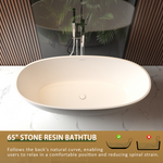 65" Freestanding Solid Surface Bathtub, Luxury Handcrafted Stone Resin Freestanding Soaking Bathtub with Overflow and Pop-up Drain, Matte White