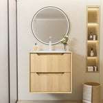 24-Inch Floating Bathroom Vanity with Sink, Pre-assembled, Natural Oak Grid Texture Front, Multi-Layer Solid Wood, Wall-Mounted, White Stone Top, 2 Soft-Close Drawers